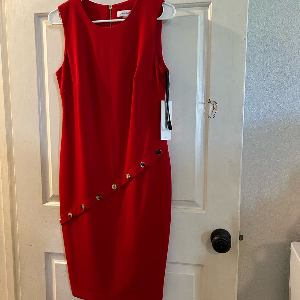Calvin Klein Bright Red Sleeveless Sheath Dress with Diagonal Button Detail